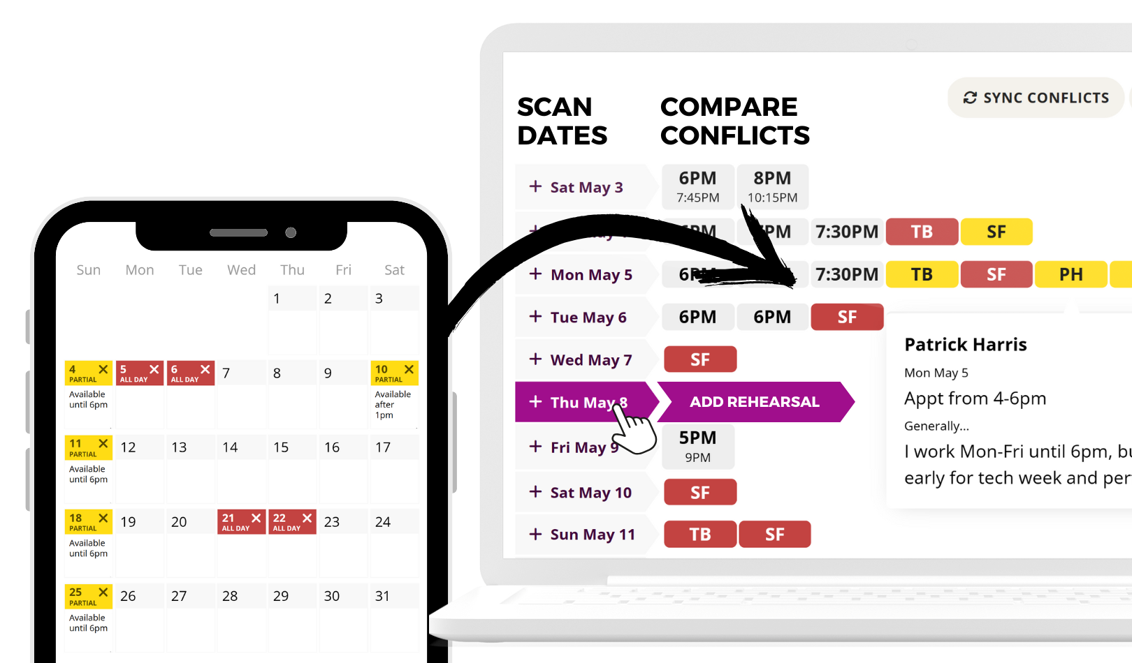 Rehearsal conflicts automatically appear on the schedule, saving hours of manual data entry